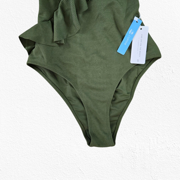 Cupshe Olive Green Ribbed Ruffle Plunge V-Neck One Piece Swimsuit Size Small - Picture 5 of 9